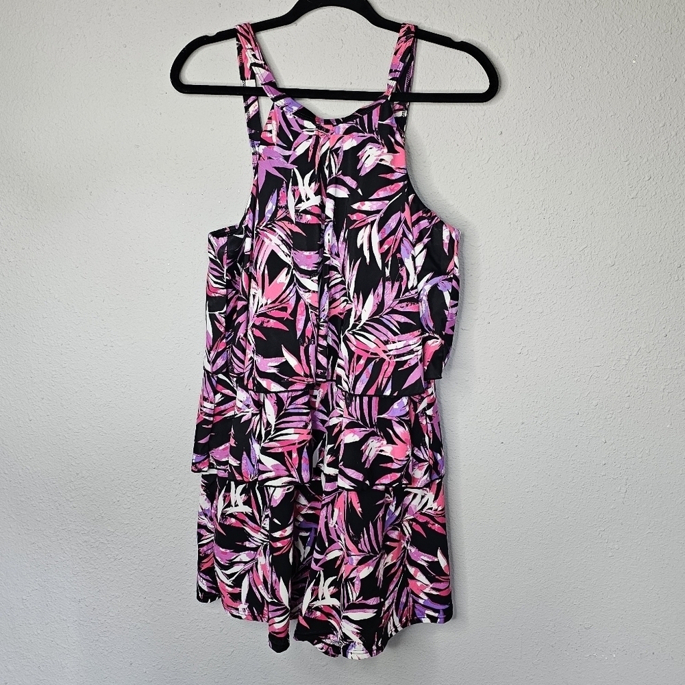 Fit 4 U ur‎ HIPS Hi-Neck Tiered Romper Swimsuit 18W Black Pink Shorts